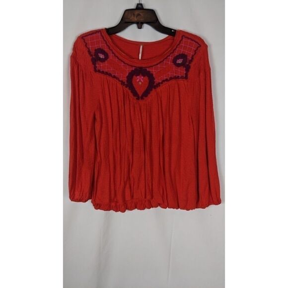 Free People Orange Blouse With Pink Embroidery Wom - Picture 1 of 7